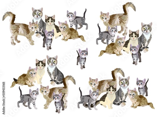 Seamless pattern with a group of domestic cats isolated on a white background in vector. Print for bed linen. Symbol of Chinese New Year 2023.