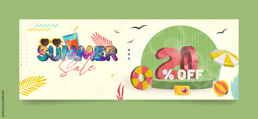 Fototapeta premium Summer sale facebook, web ad banner template for any promotion, campaign purpose. 3d text design