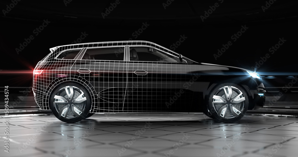 Modern design and tech plan of black suv car with led headlights. A side view of a generic non existing prototype of a car. Professional product 3D rendering.