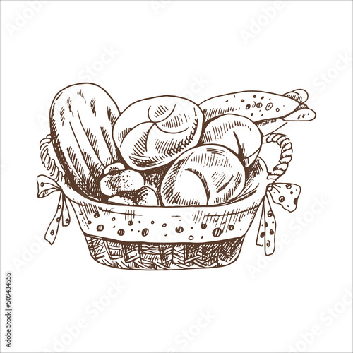 Vector hand drawn illustration of wicker basket with bread. Brown and white pastry  drawing isolated on white background. Sketch icon and bakery element for print, web, mobile and infographics.