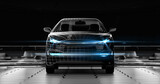 Modern design and tech plan of black suv car with led headlights. A front view of a generic non existing prototype of a car. Professional product 3D rendering.
