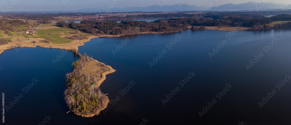 aerial view (panorama) of Lake Pelham in the chiemgau region of bavaria / germany