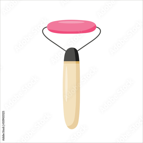Flat vector set made of rose quartz, consisting of a roller face massager and gua sha. Vector illustration