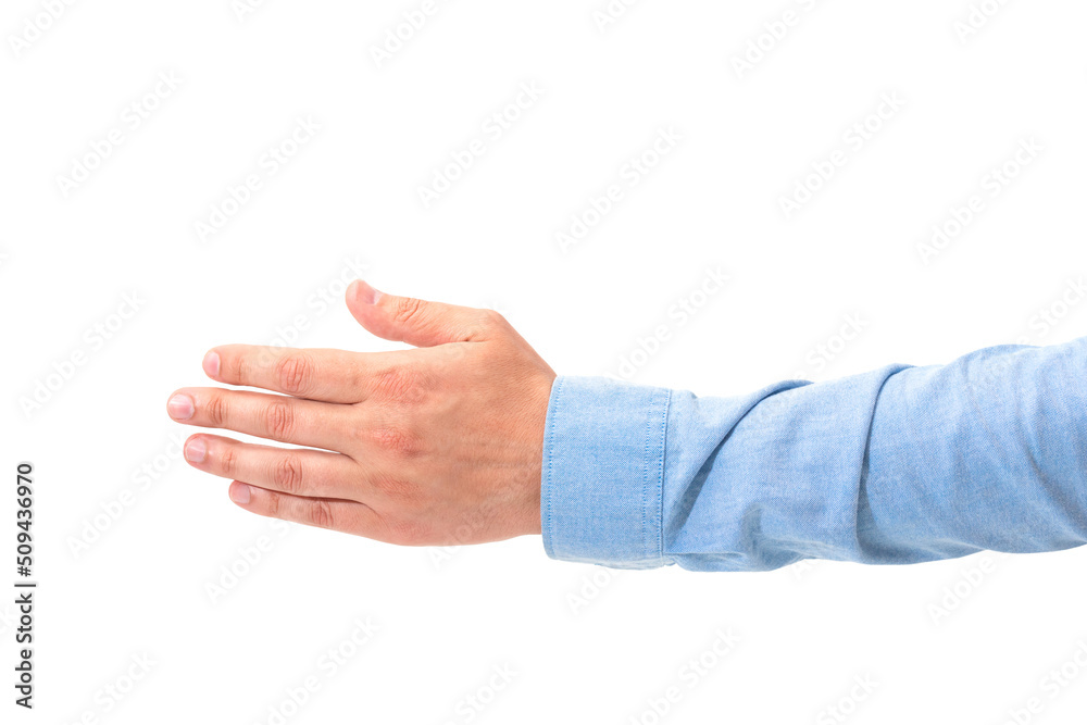 Businessman male hand isolated on white background. The man holds out his hand for a handshake Businessman male hand isolated on white background. The man holds out his hand for a handshake