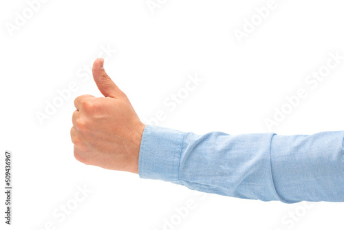 Businessman male hand showing thumbs up on white isolated background.
