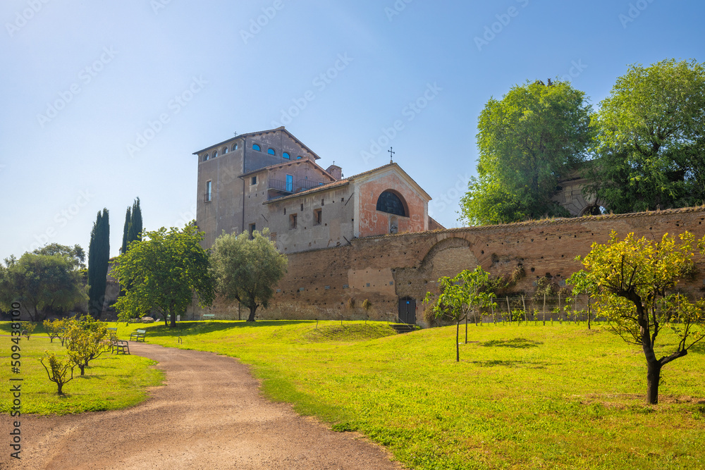 The ancient roman buildings on The Palatine Hill above of The Roman Forum in historic centre of Rome, Italy, Europe.