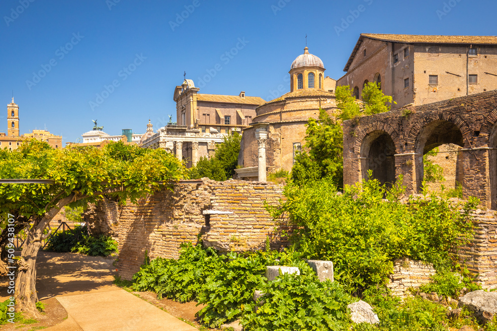 The Roman Forum (latin name Forum Romanum), plaza of the ancient roman ruins at the center of the city of Rome, Italy, Europe.