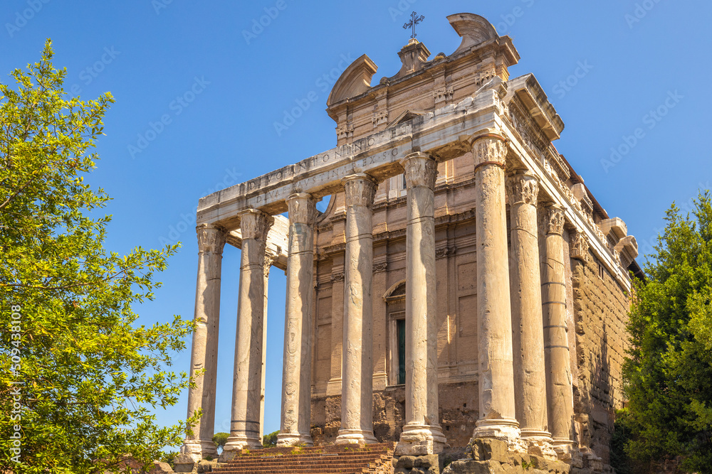 The Temple of Antoninus and Faustina in The Roman Forum (latin name Forum Romanum), Rome, Italy, Europe.