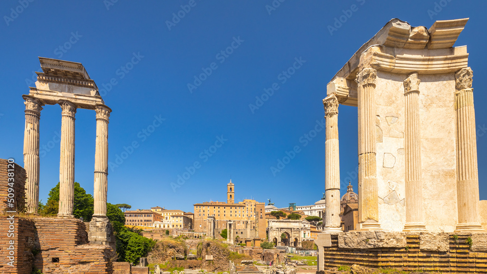 The Temple of Castor and Pollux along with The Temple of Vesta in The Roman Forum (latin name Forum Romanum), Rome, Italy, Europe.