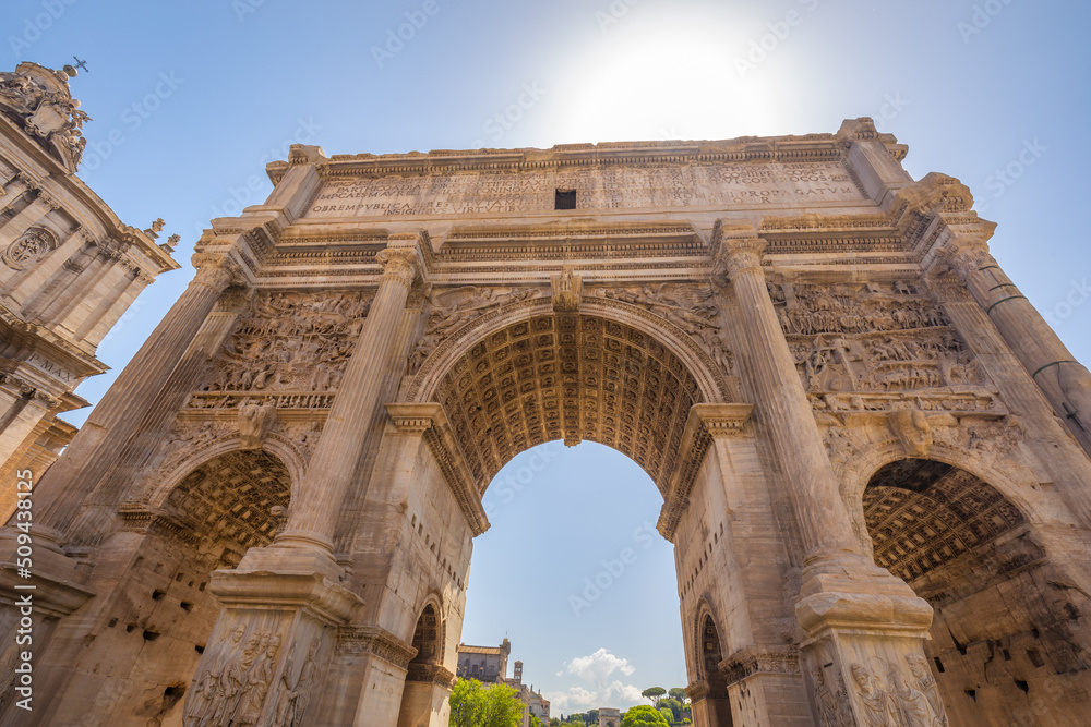 The Arch of Septimius Severus in The Roman Forum (latin name Forum Romanum), Rome, Italy, Europe.