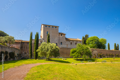 Canvas Print The ancient roman buildings on The Palatine Hill above of The Roman Forum in historic centre of Rome, Italy, Europe