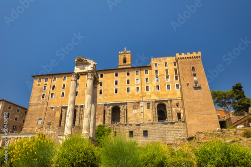 The Tabularium with The Temple of Vespasian and Titus in The Roman Forum (latin name Forum Romanum), Rome, Italy, Europe.