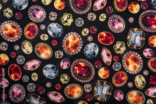 Jewel pattern print on a black textile fabric bg, diamonds and rubies