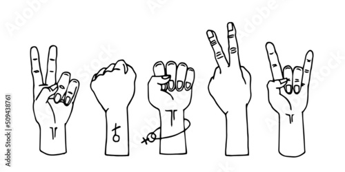 A set of female hands with a tattoo of a gender sign. A symbol of protest and struggle for rights. Vector illustration with black contour lines isolated on a white background in a doodle style.