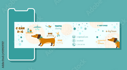 Grooming salon vector. Smartphone with carousel interface, post on social network. Social media design concept.