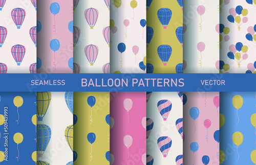 Set of seamless vector balloon patterns. Collection of multicolor hand drawn airship backgrounds. For fabric, textile, banner, design, wrapping.	 photo