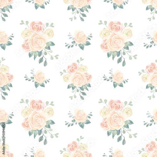 Seamless watercolor floral pattern. Delicate flowers, green leaves and branches on a white background, ideal for wedding invitations, wrappers, postcards, greeting cards, wallpapers.