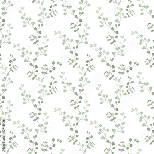 Seamless watercolor floral pattern. Green leaves and branches on white background, perfect for wedding invitations, wrappers, postcards, greeting cards, wallpapers. 
