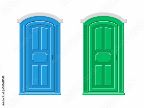 Mobile portable plastic toilet used in public places isolated on white background. Chemical bio toilet cabin. Restroom WC lavatory stall. Public convenience facilities. Vector illustration