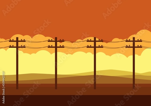 Power pole in front of hills with landscape mode and beautiful sunset. electricity pole along the way. Utility pole Electricity concept. High voltage wires. Landscape desert sunset vector