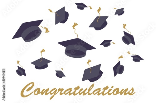 Collage with mortar boards and word GRADUATION on white background