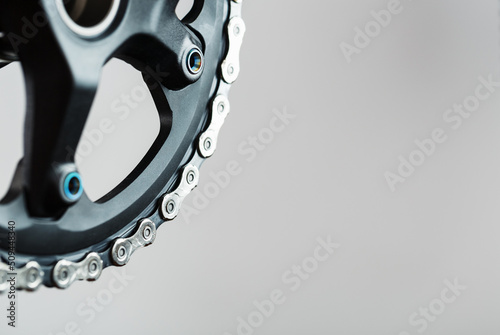 Bicycle crank system with chain close-up, mechanism for repair photo