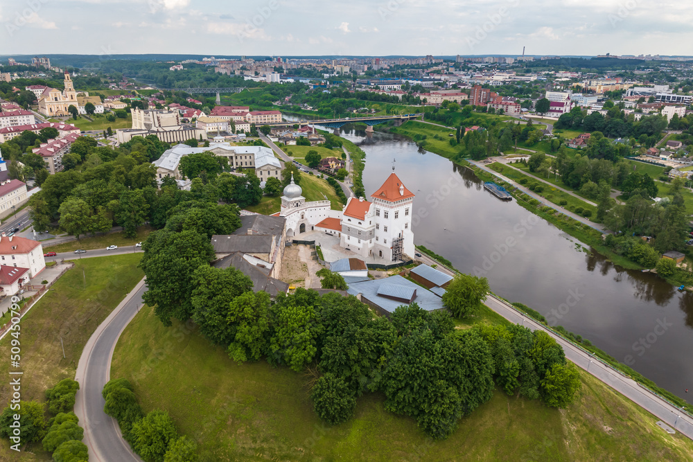 aerial panoramic view promenade overlooking the old city and historic buildings of medieval castle near wide river