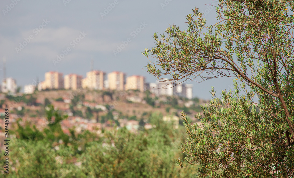 Varsak district of Antalya city, view from the green lungs - urban park. Eco Environment and neighborhood