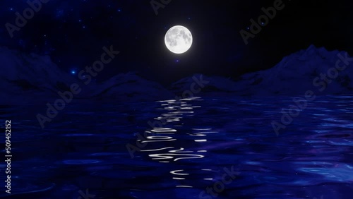 3d render sea waves in motion with snow mountains, moon and stars in the background