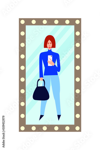 Stylist blogger making selfie in mirror. Woman taking photo in mirror. Fashion girl vector illustration.
