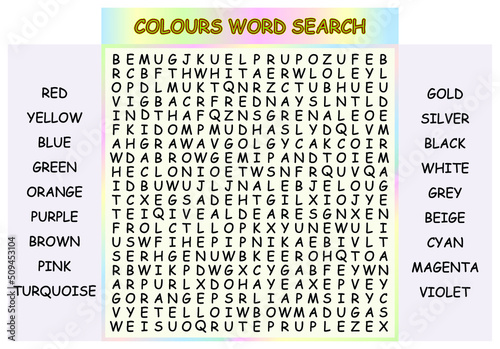 Colours word search puzzle vector