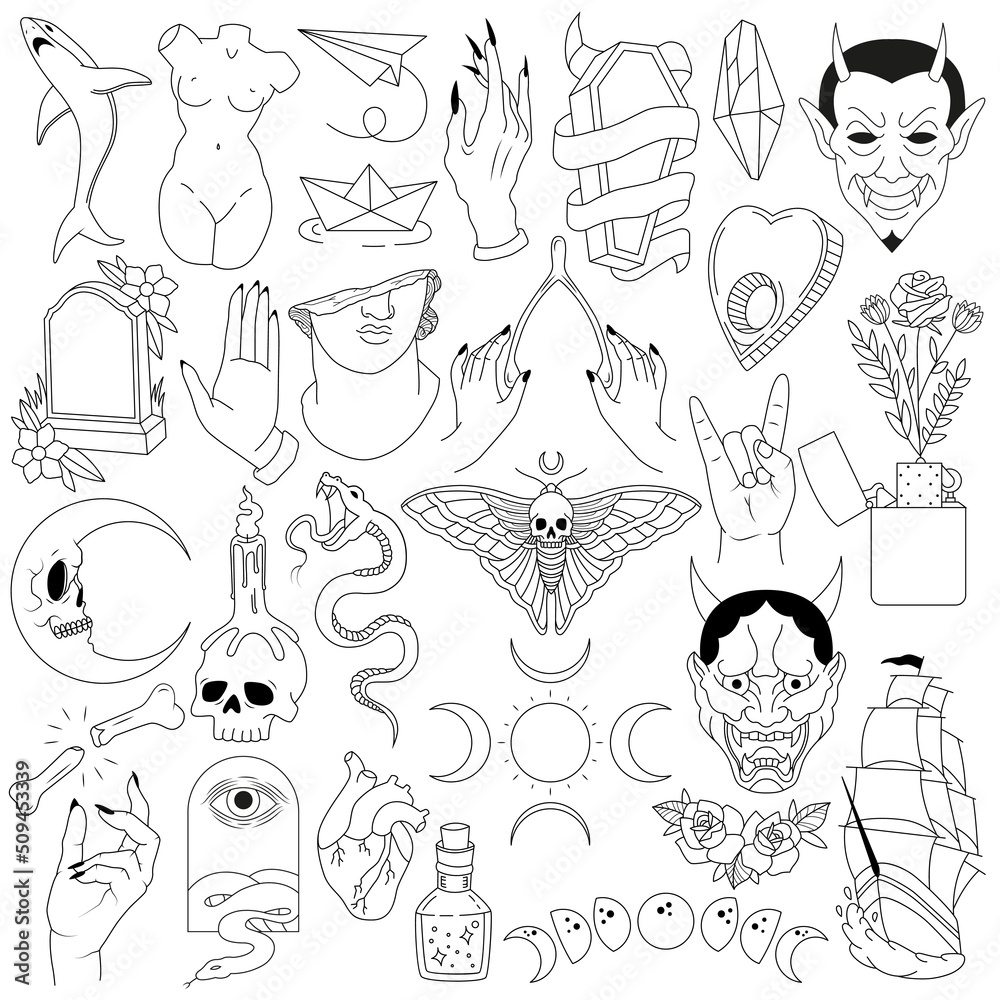 Witchcraft magical symbols tattoo set. boho style elements