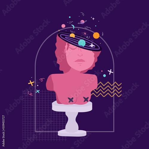 Psychedelic surreal illustration a colorful greek bust , ancient sculpture with cosmos in the head. Cartoon vector illustration in trendy psychedelic trippy style. 10EPS