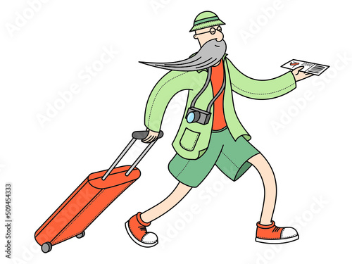 An elderly traveler runs to the plane with a ticket in his hands and a suitcase on wheels. A retired tourist is late for a flight.