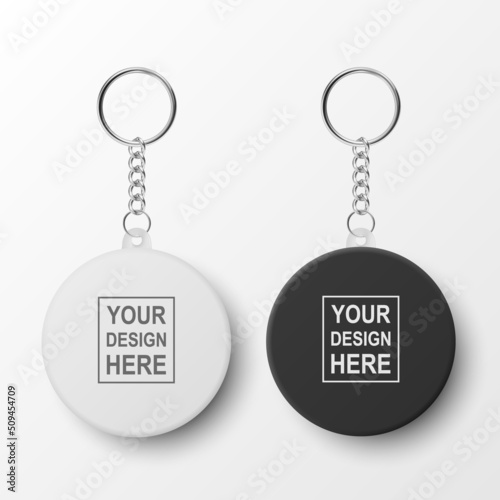 Vector 3d Realistic Blank Black, White Round Keychain with Ring and Chain for Key Isolated on White. Button Badge with Ring Set. Plastic, Metal ID Badge with Chains Key Holder, Design Template, Mockup