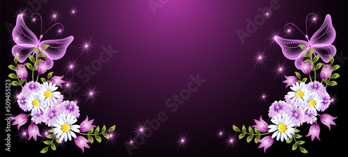 Flying transparent delightful butterfly and flowers with sparkle and blazing stars. Animal protection day concept.