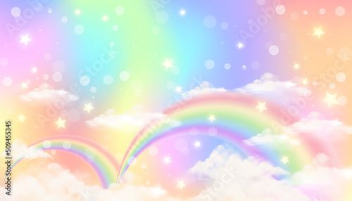 Holographic fantasy rainbow unicorn background with clouds. Pastel color sky. Magical landscape, abstract fabulous pattern. Cute candy wallpaper. Vector.