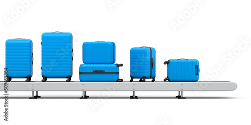 Fotografie Airport luggage conveyor belt or manufacture line with baggages on white