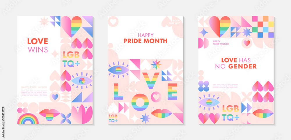 Pride month poster templates.LGBTQ+ community vector illustrations  in bauhaus style with geometric elements and rainbow lgbt symbols.Human rights movement concept.Gay parade.Colorful cover designs.
