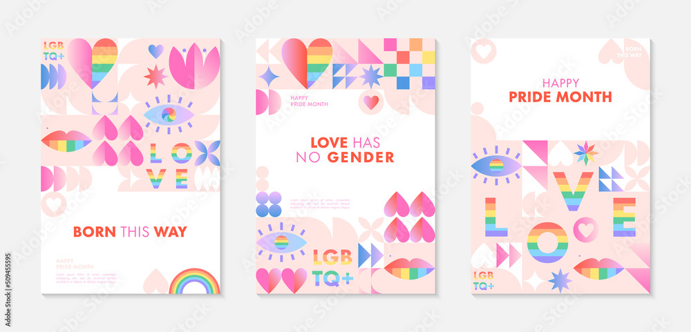 Fototapeta premium Pride month poster templates.LGBTQ+ community vector illustrations in bauhaus style with geometric elements and rainbow lgbt symbols.Human rights movement concept.Gay parade.Colorful cover designs.