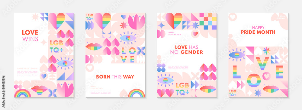 Pride month poster templates.LGBTQ+ community vector illustrations  in bauhaus style with geometric elements and rainbow lgbt symbols.Human rights movement concept.Gay parade.Colorful cover designs.