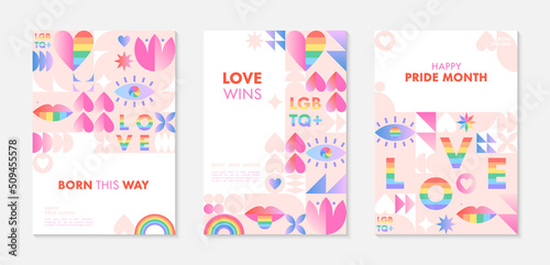 Pride month poster templates.LGBTQ+ community vector illustrations  in bauhaus style with geometric elements and rainbow lgbt symbols.Human rights movement concept.Gay parade.Colorful cover designs.