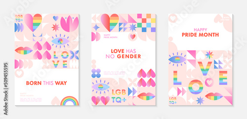 Pride month poster templates.LGBTQ+ community vector illustrations in bauhaus style with geometric elements and rainbow lgbt symbols.Human rights movement concept.Gay parade.Colorful cover designs.