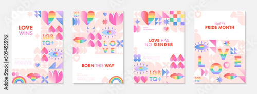 Pride month poster templates.LGBTQ+ community vector illustrations in bauhaus style with geometric elements and rainbow lgbt symbols.Human rights movement concept.Gay parade.Colorful cover designs.