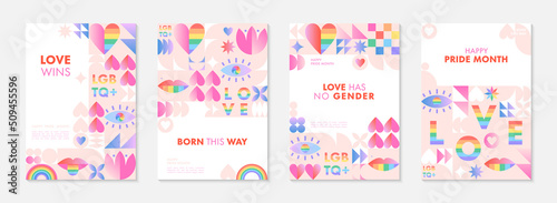 Pride month poster templates.LGBTQ+ community vector illustrations  in bauhaus style with geometric elements and rainbow lgbt symbols.Human rights movement concept.Gay parade.Colorful cover designs.