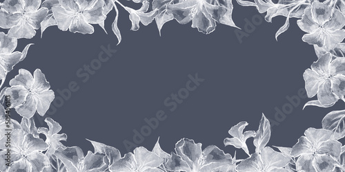Decorative frame made of white transparent flowers on a dark background. The middle is free for text.