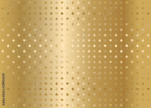 Golden seamless pattern fabric poker table. Minimalistic casino vector background texture card suits symbols. Gold diamonds, spades, hearts and clubs wrapping paper texture