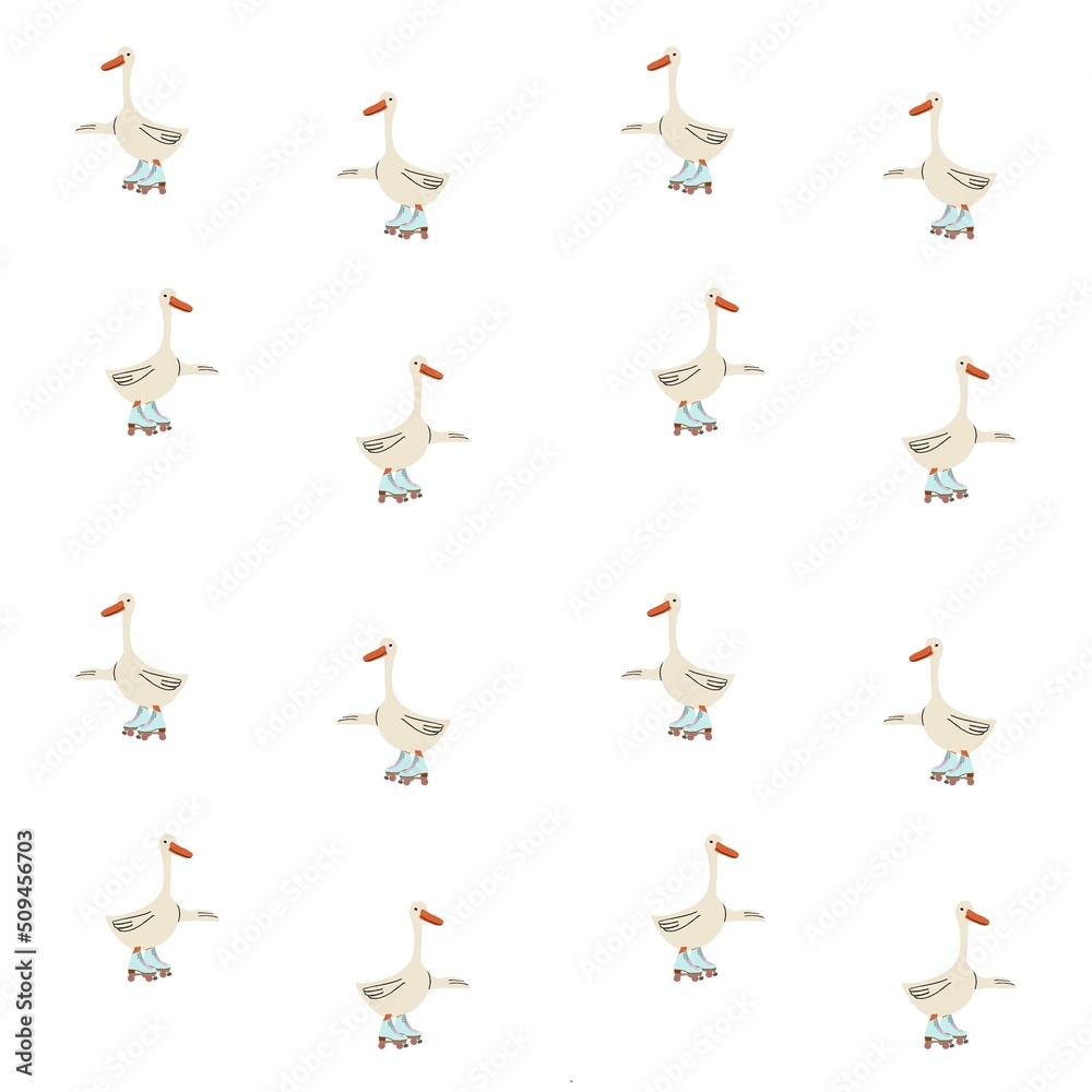 Seamless pattern with goose on rollers. White Farm animal on blue rollers. Print with extreme sports for kids design, fabric, wallpapers, textile, nursing, paper, books, toys.