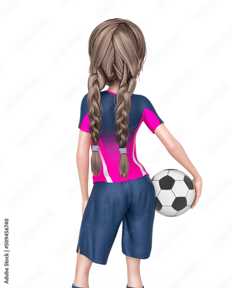 soccer girl is ready to play football with the ball under her arms in white background rear view