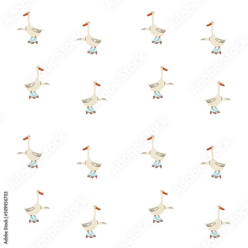 Seamless pattern with goose on rollers. White Farm animal on blue rollers. Print with extreme sports for kids design, fabric, wallpapers, textile, nursing, paper, books, toys.